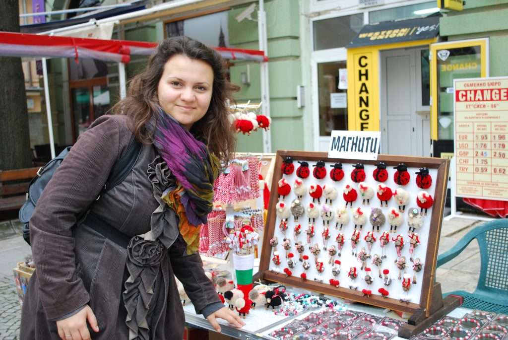 Town market in Sliven in Bulgaria with traditional martenitsi and magnets